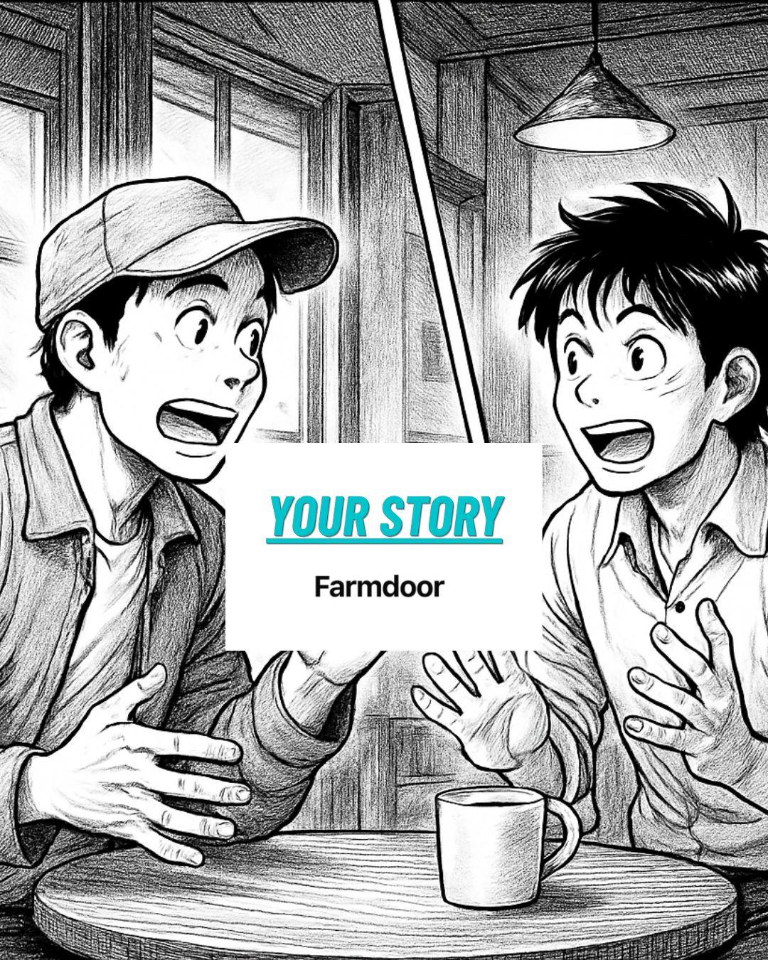 Two backpackers chatting over coffee with a card between them reading 'Your story, Farmdoor'